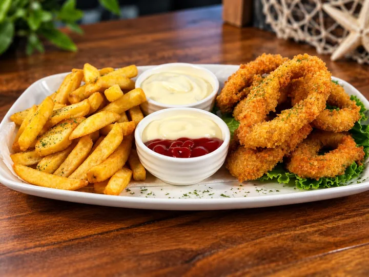 Aros de calamar empanizados con papas fritas